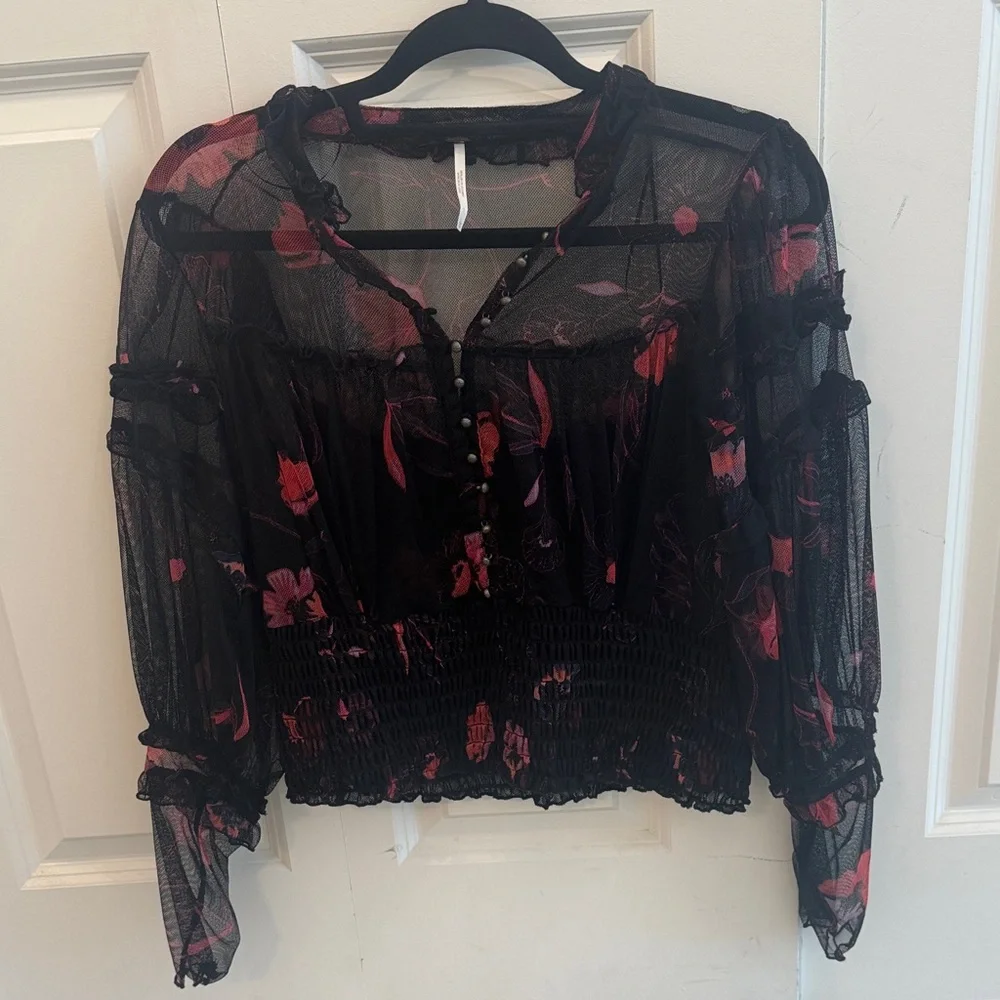 Free People Sheer Floral Smocked Top – Size Large